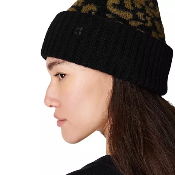 SWEATY BETTY JACQUARD LEOPARD PRINT KNIT BEANIE WOOL BLEND BLACK OS NWT main image 7